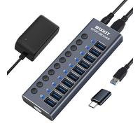 WLXKJY Hub USB 3.0 in alluminio, hub USB attivo - 10 porte USB 3.0 SuperSpeed, interruttori individuali e alimentatore da 72W (24V/3A) per MacBook/MacBook Air/MacBook PRO