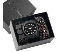 WMDSYGD Uomini Regalo Set Classico Orologio al Quarzo Nero Fresco Rosso Nero Tallone retrò Braccialetti alla Moda Orologio da Polso alla Moda for Il Marito Fidanzato papà Regali di Compleanno