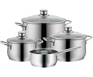 WMF Diadem Plus - Batteria da cucina 4 pezzi, in acciaio inox, adatta per induzione, 1 casseruola bassa da 20 cm, 2 pentole alte da 16 cm e 24 cm, 1 casseruola 16 cm con 3 coperchi in vetro
