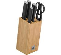 WMF Kineo - Set 6 pezzi, 4 coltelli con lama in acciaio temprato speciale e forbici multiuso con supporto FlexTec in bambù