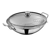 WMF Party Taiwan - Wok a induzione, 36 cm, con coperchio e griglia di appoggio, in acciaio INOX Cromargan non rivestito, adatto al forno