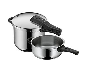 WMF Perfect One Pot - Set di pentole a pressione a induzione, 2 pezzi, pentola a vapore da 6,5 l, 3 l, grande segnale di cottura, 2 livelli di cottura, manico del coperchio rimovibile, in acciaio inox