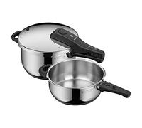 WMF Perfect - Set di pentole a pressione a induzione, 2 pezzi, 4,5 l + 3 l, grande segnale di cottura, 2 livelli di cottura, manico con coperchio rimovibile, in acciaio inox
