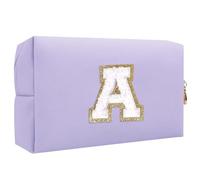 WMFASBAG Custodia da viaggio for trucco con lettera in ciniglia Borsa for trucco in pelle PU Borsa portaoggetti for cosmetici di capacità Preppy for donne e ragazze (viola A)