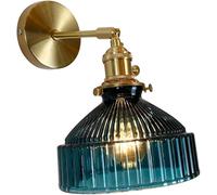 Wmmner Applique da Parete Regolabile in Vetro Blu con Braccio in Ottone Dorato - Lampada Vintage Industriale Moderna per Camera da Letto, Soggiorno, Cucina, Loft - Design in Vetro Verde a Coste/Blu