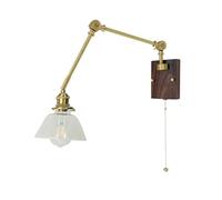 Wmmner Applique in Ottone, Lampada da Parete con Paralume in Vetro Trasparente e Base in Legno, V-Intage Rustic Lampade da Parete Fisse Regolabili con Braccio Orientabile, Compatibili con Camera da Le