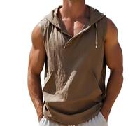 Wmmner Canotte da Uomo Magliette Senza Maniche Felpe con Cappuccio in Cotone e Lino Magliette con Tasca e Scollo a V Magliette con Cappuccio per Le Vacanze Estive Magliette da Spiaggia/Cachi/L