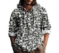 Wmmner Costumi Di Halloween per Uomo Felpe con Cappuccio con Stampa Teschi Felpa con Cappuccio in Cotone e Lino con Bottoni a 1/4 Maglia a Maniche Lunghe Autunnale/Felpe con Cappuccio Halloween Grigie