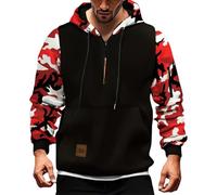 Wmmner Felpa con Cappuccio da Uomo Quarter Zip Camo Sleeves Contrasto Zipper Draw Stlong Sleeve Fashion Athletic Workout Fit Hooed Sweatshirts Felpa Casual/Rosso/S