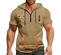 Wmmner Felpe con Cappuccio e Zip a 1/4 da Uomo T-Shirt Cargo a Maniche Corte Felpe Tattiche con Cappuccio e Tasche Multiple Felpe Pullover/Felpa con Cappuccio e Zip Corta da Uomo Color Cachi/Xx