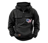 Wmmner Felpe con Cappuccio e Zip a un Quarto da Uomo con Bandiera Usa, Patriottiche, Retrò, con Tasche Multiple, Vintage, Tattiche, Pullover/Felpa con Cappuccio e Zip Corta da Uomo Nera/Xl