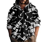 Wmmner Felpe con Cappuccio Halloween per Uomo Felpa con Stampa Teschi Magliette con Cappuccio in Cotone e Lino Pullover a Maniche Lunghe con Bottoni/Nero/Xxl