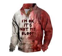 Wmmner Maglie Halloween da Uomo Felpa con Lettere Insanguinate Maglie con Bottoni Maglie a Collo Alto a Maniche Lunghe/Rosso e Grigio 6/Xl
