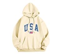 Wmmner Mens Usa Graphic Hoodie Fashion Fall Shirt Long Sleeve American Flag Print Pullover Men Trendy Drawsthooded Sweatshirts with Pocket/Beige/L