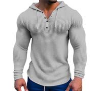 Wmmner Mens Waffle Hoodie Casual Workout Fall Tee Long Sleeve Fashion Button Drawstpullover Fashion Plain Hooded Sweatshirts for Men/Grigio/Xl