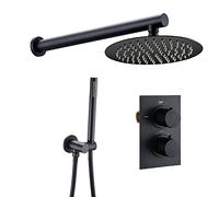 Wmmner Set Doccia da Bagno Rubinetto Doccia a Pioggia Nero Opaco Sistema Di Valvole Termostatiche a Parete o a Soffitto Soffione Doccia da 8 Pollici