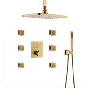 Wmmner Sistema Doccia, Sistema Di Rubinetto Doccia a Soffitto Termostatico Soffione Doccia Rettangolare 12 X 8 Pollici con Miscelatore a Getti Di Corpo da 6 Pezzi, Nero Opaco, Nero, Brus, Nero/Oro Spa