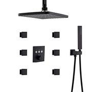 Wmmner Sistema Doccia, Sistema Di Rubinetto Doccia a Soffitto Termostatico Soffione Doccia Rettangolare 12 X 8 Pollici con Miscelatore a Getti Di Corpo da 6 Pezzi, Nero Opaco, Nero, Brus, Nero/Nero