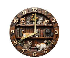 WNBFTTK Orologio Da Parete Gatto Orologio da parete silenzioso con simpatico gattino e design libreria, grandi lancette gialle, numeri arabi neri, decorazione della stanza(10x10 inch)