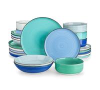 WNBFTTK Set piatti Set di 24 piatti in ceramica blu e verde, dipinto a mano, con spirali, for insalata frutta riso, for dessert, for cena for zuppa