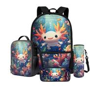 Wnbucioht 4 in 1 Set di zaini per la scuola per bambini ragazzi ragazze borsa per la scuola Wirh borsa per il pranzo astuccio astuccio bottiglia acqua manica, Axolotl oceano, Zaino per bambini