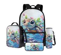 Wnbucioht 4 in 1 Set di zaini per la scuola per bambini ragazzi ragazze borsa per la scuola Wirh borsa per il pranzo astuccio astuccio bottiglia acqua manica, Tartaruga Carina Oceano, Zaino per