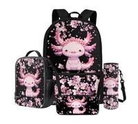 Wnbucioht 4 in 1 Set di zaini per la scuola per bambini ragazzi ragazze borsa per la scuola Wirh borsa per il pranzo astuccio astuccio bottiglia acqua manica, Axolotl ai fiori di ciliegio, Zaino per