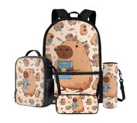Wnbucioht 4 in 1 Set di zaini per la scuola per bambini ragazzi ragazze borsa per la scuola Wirh borsa per il pranzo astuccio astuccio bottiglia acqua manica, Leggere Kapybara, Zaino per bambini