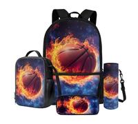 Wnbucioht 4 in 1 Set di zaini per la scuola per bambini ragazzi ragazze borsa per la scuola Wirh borsa per il pranzo astuccio astuccio bottiglia acqua manica, Cool Flame Basket, Zaino per bambini
