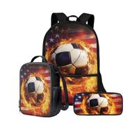 Wnbucioht Set di 3 zaini personalizzati per ragazzi e ragazze e portapranzo, set di 3 zaini per bambini di grande capacità, Fiamma di calcio, Taglia unica, Set di zaini per la scuola