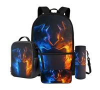 Wnbucioht Set di 4 zaini per la scuola per bambini, ragazzi e ragazze, con custodia per il pranzo, portapenne, porta bottiglia d'acqua, Lupo Fiamma Acqua, Zaino per bambini