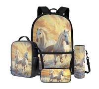 Wnbucioht Set di 4 zaini per la scuola per bambini, ragazzi e ragazze, con custodia per il pranzo, portapenne, porta bottiglia d'acqua, Divertente Cavallo Marrone, Zaino per bambini