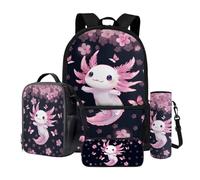 Wnbucioht Set di 4 zaini per la scuola per bambini, ragazzi e ragazze, con custodia per il pranzo, portapenne, porta bottiglia d'acqua, Kawai Axolotl, Zaino per bambini