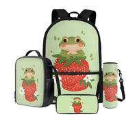Wnbucioht Set di 4 zaini per la scuola per bambini, ragazzi e ragazze, con custodia per il pranzo, portapenne, porta bottiglia d'acqua, Graziosa rana, Zaino per bambini