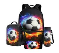 Wnbucioht Set di 4 zaini per la scuola per bambini, ragazzi e ragazze, con custodia per il pranzo, portapenne, porta bottiglia d'acqua, Calcio Fiamma, Zaino per bambini