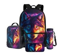 Wnbucioht Set di 4 zaini per la scuola per bambini, ragazzi e ragazze, con custodia per il pranzo, portapenne, porta bottiglia d'acqua, Galaxy Wolf, Zaino per bambini