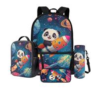 Wnbucioht Set di 4 zaini per la scuola per bambini, ragazzi e ragazze, con custodia per il pranzo, portapenne, porta bottiglia d'acqua, Grazioso panda, Zaino per bambini