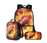 Wnbucioht Set di zaini per bambini e ragazze, con portapranzo, astuccio per la scuola, 3 in 1, zaino di grande capacità, Rugby Fiamma, Taglia unica, Set di zaini per la scuola