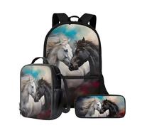 Wnbucioht Set di zaini per la scuola personalizzati per bambini zaino e borse per il pranzo astuccio 3 in 1 zaino per la scuola set, Coppia di animali Cavallo, Taglia unica, Set di zaini per la scuola