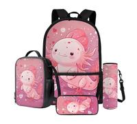 Wnbucioht Set di zaino per la scuola per ragazzi e ragazze 4 in 1 per bambini con borsa per il pranzo astuccio per matite maniche per bottiglie d'acqua, Axolotl Rosa, Zaino per bambini