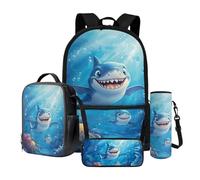 Wnbucioht Set di zaino per la scuola per ragazzi e ragazze 4 in 1 per bambini con borsa per il pranzo astuccio per matite maniche per bottiglie d'acqua, Squalo oceano, Zaino per bambini