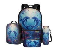 Wnbucioht Set di zaino per la scuola per ragazzi e ragazze 4 in 1 per bambini con borsa per il pranzo astuccio per matite maniche per bottiglie d'acqua, Delfino oceano, Zaino per bambini