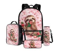 Wnbucioht Set di zaino per la scuola per ragazzi e ragazze 4 in 1 per bambini con borsa per il pranzo astuccio per matite maniche per bottiglie d'acqua, Kawai Bradipo Fragola, Zaino per bambini