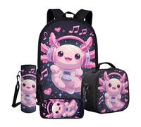 Wnbucioht Set zaino per bambini per la scuola ragazzi ragazze 4 in 1 borsa per bambini con borsa per il pranzo astuccio portapenne maniche bottiglia d'acqua, Rosa Carino Axolotl, Zaino per bambini
