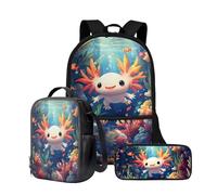 Wnbucioht Zaino 3 in 1 per bambini e ragazzi, con borsa termica per il pranzo, portapenne, set di borse per la scuola, Carino Ocean Axolotl, Taglia unica, Set di zaini per la scuola