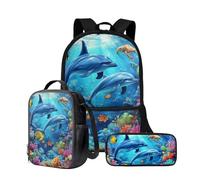 Wnbucioht Zaino 3 in 1 per bambini e ragazzi, con borsa termica per il pranzo, portapenne, set di borse per la scuola, Delfino oceano, Taglia unica, Set di zaini per la scuola
