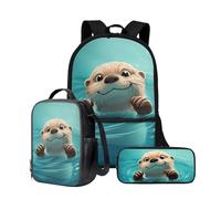 Wnbucioht Zaino 3 in 1 per bambini e ragazzi, con borsa termica per il pranzo, portapenne, set di borse per la scuola, Oceano Carino Lontra Blu, Taglia unica, Set di zaini per la scuola