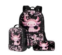 Wnbucioht Zaino 3 in 1 per bambini e ragazzi, con borsa termica per il pranzo, portapenne, set di borse per la scuola, Un Axolotl Floreale, Taglia unica, Set di zaini per la scuola