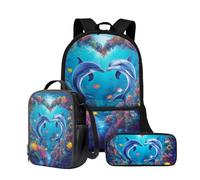 Wnbucioht Zaino per la scuola ragazze bambini Bookbag Set con borsa termica per il pranzo Tote Bag Pen Pouch 3 in 1 Set carino borse da scuola, Delfino oceano, Taglia unica, Set di zaini per la scuola