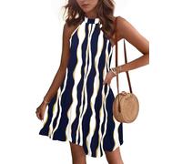 WNEEDU Abito Donna Estivo Vestito Spiaggia Senza Maniche Abito Cort Casual Collo Sospeso Copricostume con Tasche Strisce Blu S